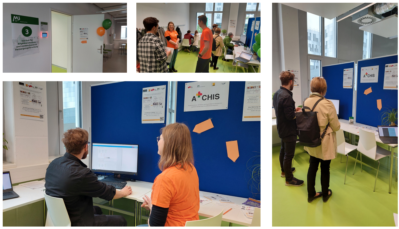 Participants testing the software prototype at the A+CHIS exhibition and evaluation session at Medical University of Graz, May 12, 2023.